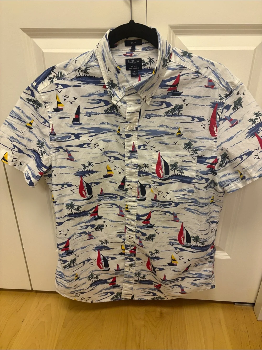 J. Crew White Nautical Sailboat Short-Sleeve Button-Down Shirt